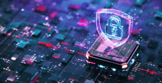 A digital illustration of a glowing shield with a padlock symbol, representing cybersecurity, sits on a futuristic circuit board background.
