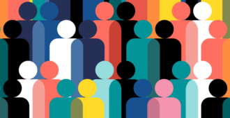Geometric illustration of multi coloured human figures stock illustration