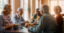 stock image happy seniors talking to friends during a lunch in residential care home